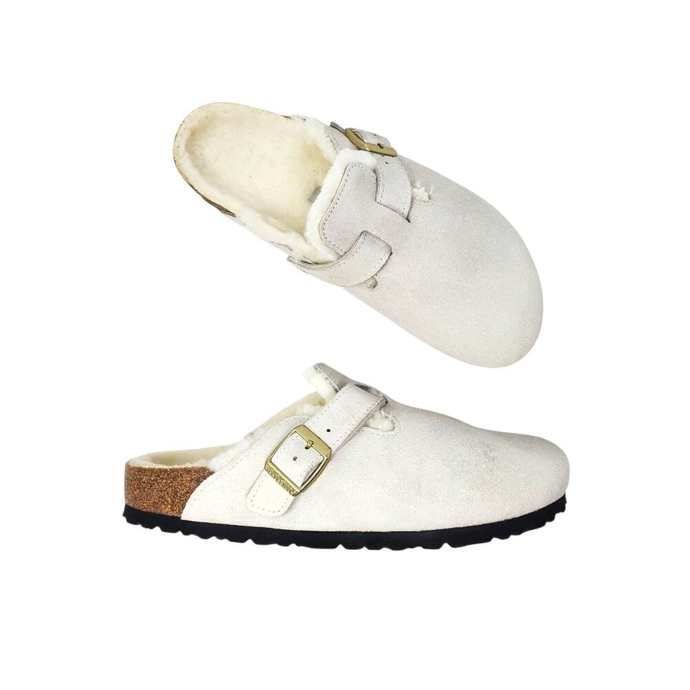 Birkenstock Boston Shearling Clog Antique White Suede Leather Size 40 Narrow Fit